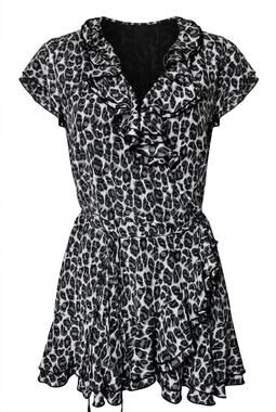 Neiman Marcus L Gray 100% Silk Animal Print Ruffle Wrap Mini Dress Coquette